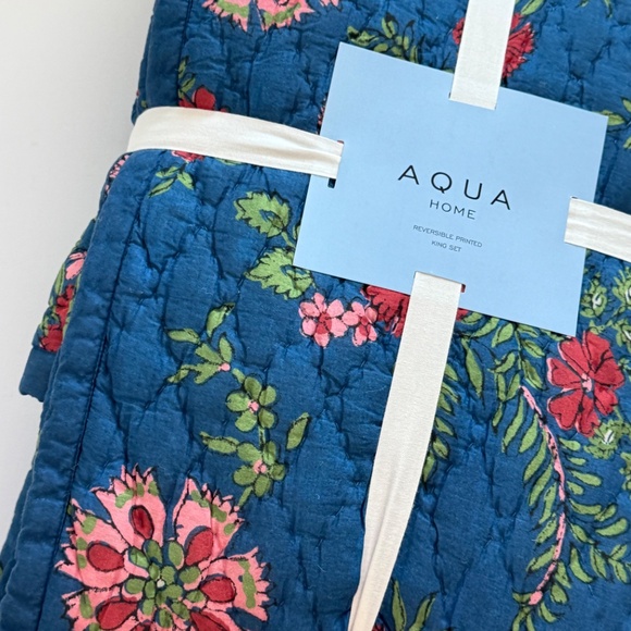 Aqua floral printed reversible king quilt set blue toille floral NEW - Picture 4 of 14